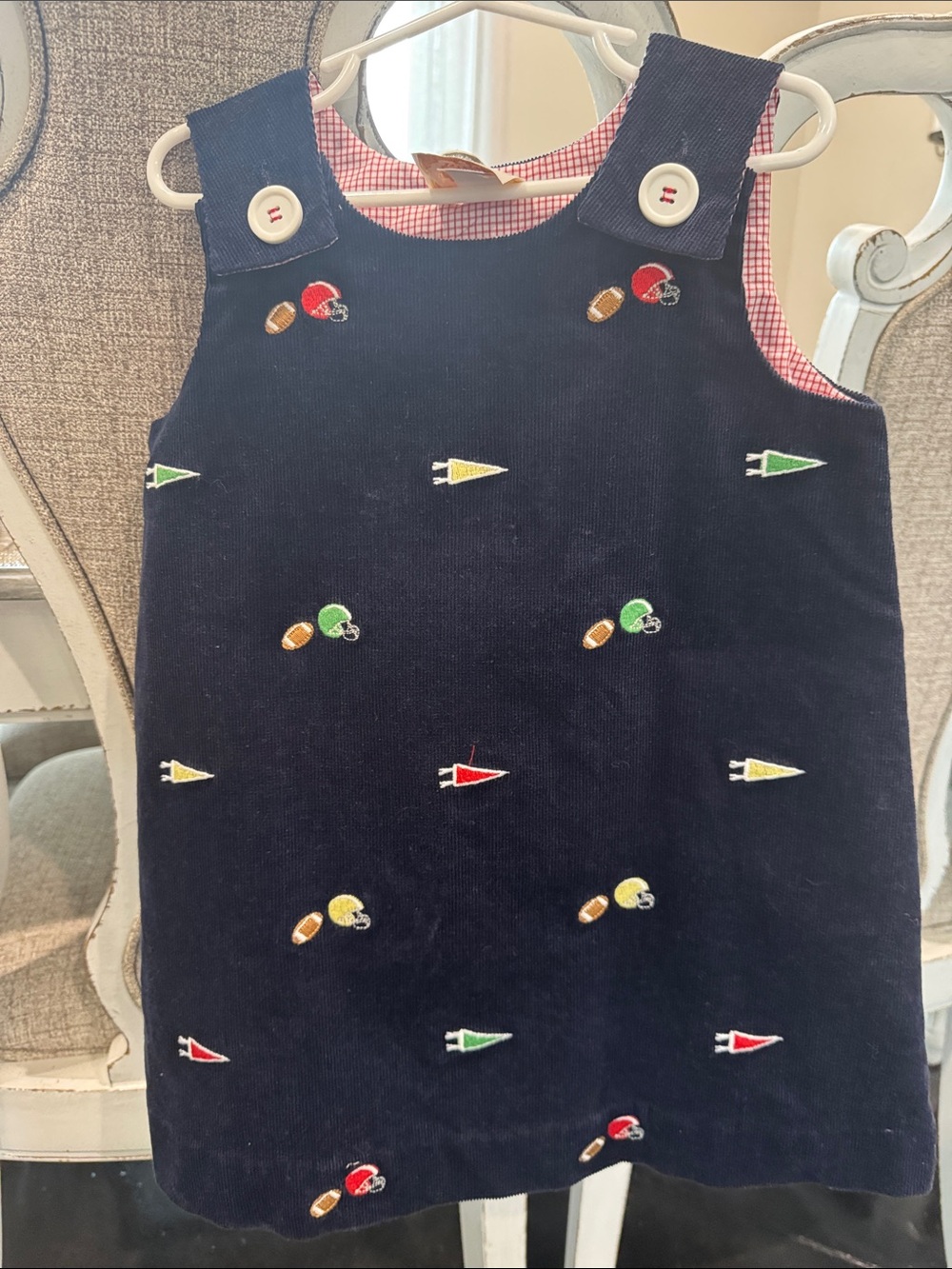 TBBC Navy Corduroy Embroidered football Pinafore Dress